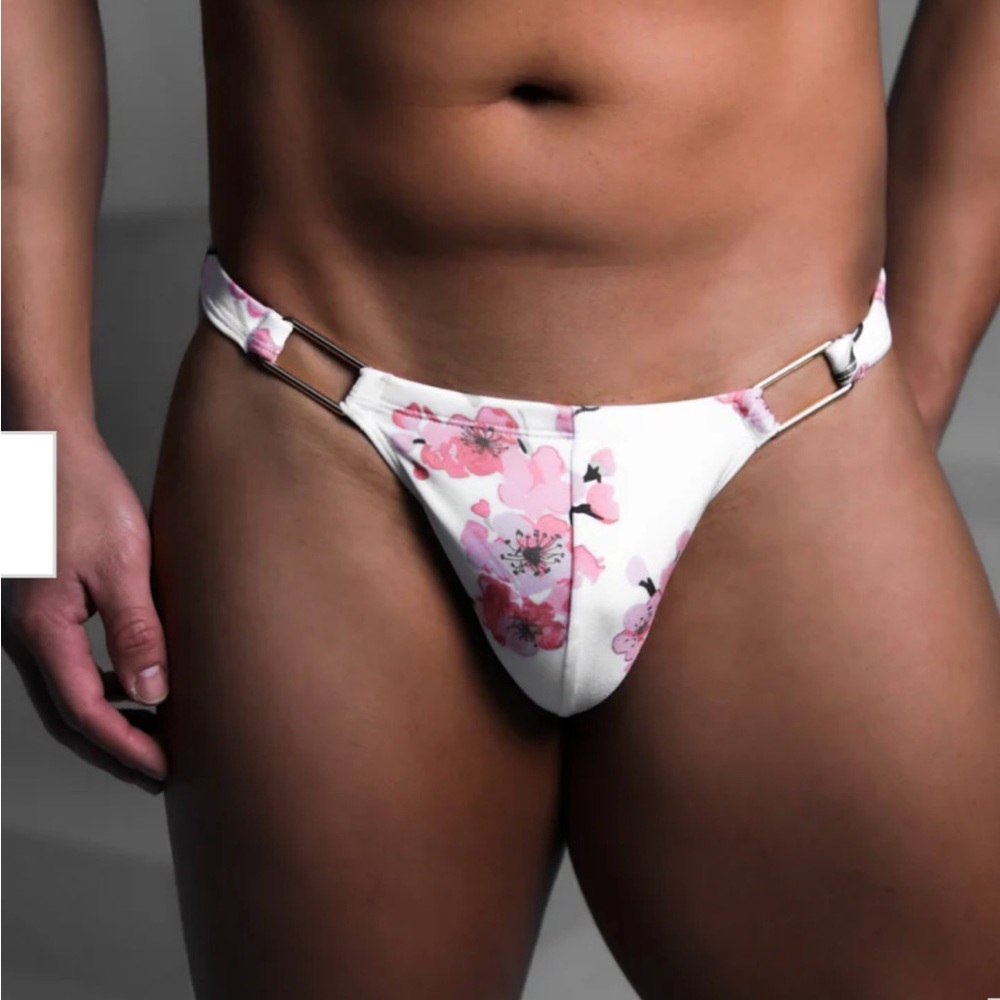 Vaquita The Label-  Men's Sakura Floral Swim Thong - White and Pink